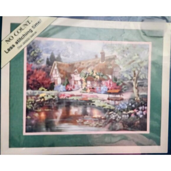 1994 Sunset Twilight at Woodgreen Pond No-Count Complete Cross Stitch Kit NOS - Picture 2 of 3